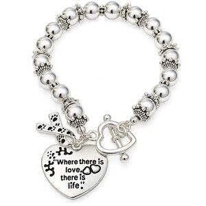 Silver Beaded Charm Bracelet Heart Love Life Paw Print Awareness Ribbon Toggle
